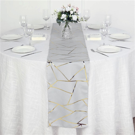 9FT Silver Geometric Table Runner With Gold Foil Patterns
