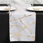 9FT White Geometric Table Runner With Gold Foil Patterns
