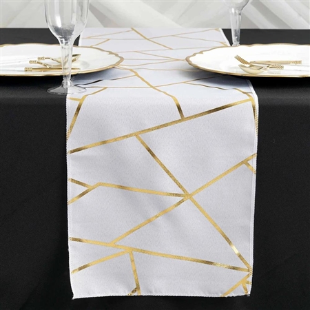 9FT White Geometric Table Runner With Gold Foil Patterns