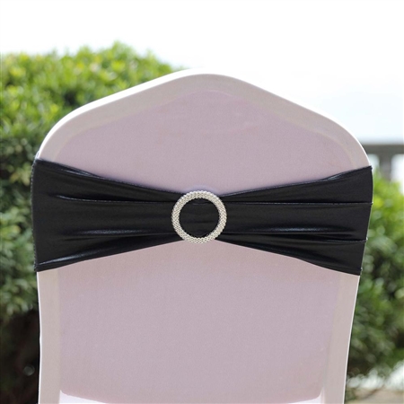 Metallic Spandex Chair Sashes with Attached Round Diamond Buckles - 5 Pack - Black