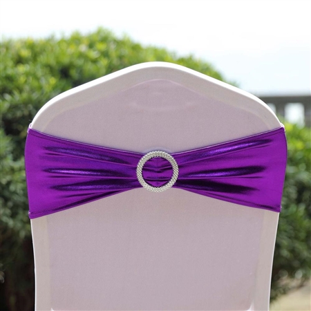 Metallic Spandex Chair Sashes with Attached Round Diamond Buckles - 5 Pack - Purple