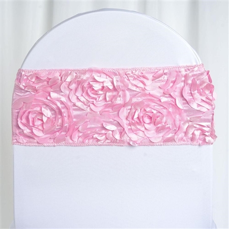 6"x12" Pink Satin Rosette Spandex Stretch Chair Sash - 5 PCS