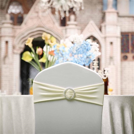 5"x14" Ivory Spandex Stretch Chair Sash with Silver Diamond Ring Slide Buckle - 5-Pack