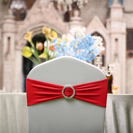 5"x14" Red Spandex Stretch Chair Sash with Silver Diamond Ring Slide Buckle - 5-Pack