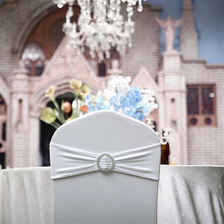 5"x14" White Spandex Stretch Chair Sash with Silver Diamond Ring Slide Buckle - 5-Pack