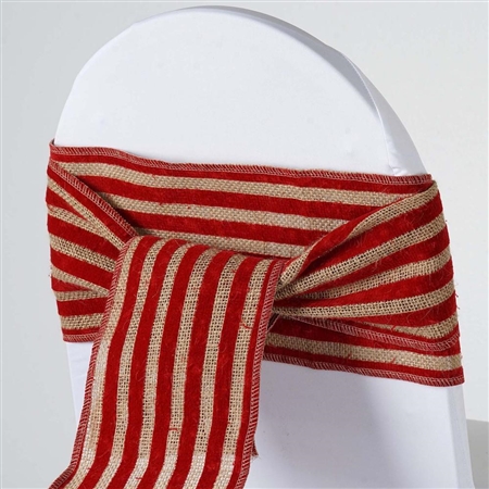 Stripe Rustic Burlap Chair Sash - Natural Tone w/ Red