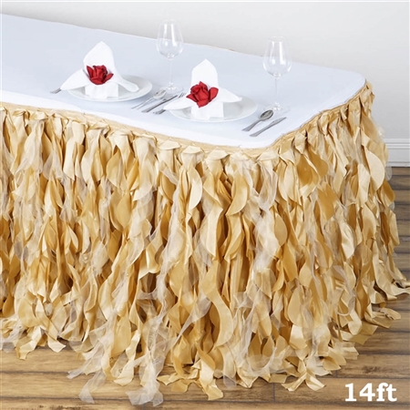 14ft Enchanting Curly Willow Taffeta Table Skirt - Champagne