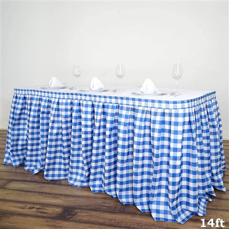 14FT White/Blue Checkered Gingham Polyester Table Skirt