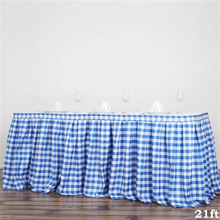 21FT White/Blue Checkered Gingham Polyester Table Skirt