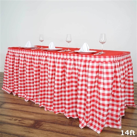 14FT White/Red Checkered Gingham Polyester Table Skirt