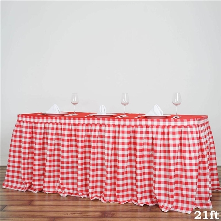 21FT White/Red Checkered Gingham Polyester Table Skirt