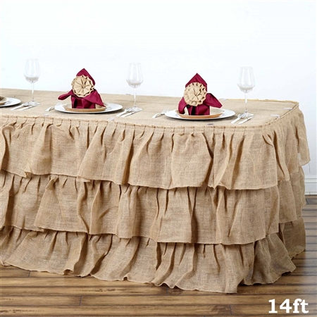 3 Tier Rustic Elegant Ruffled Burlap Table Skirt - 14 Ft