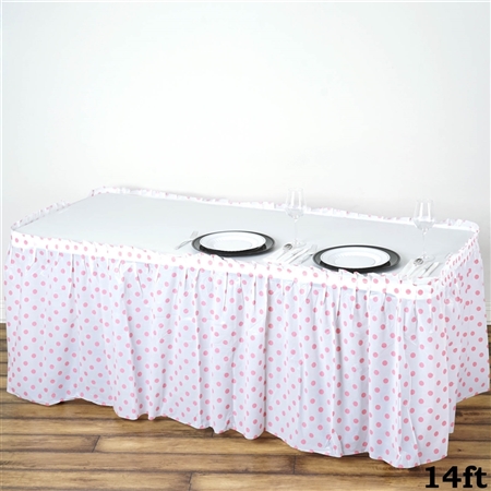 14FT Disposable Polka Dots Plastic Vinyl Picnic Birthday Wedding Party Home Table Skirt - White/Pink