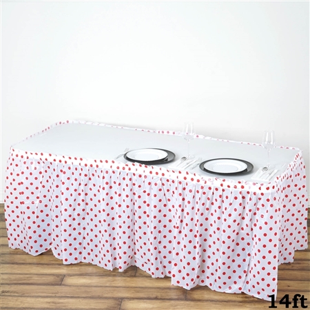 14FT Disposable Polka Dots Plastic Vinyl Picnic Birthday Wedding Party Home Table Skirt - White/Red