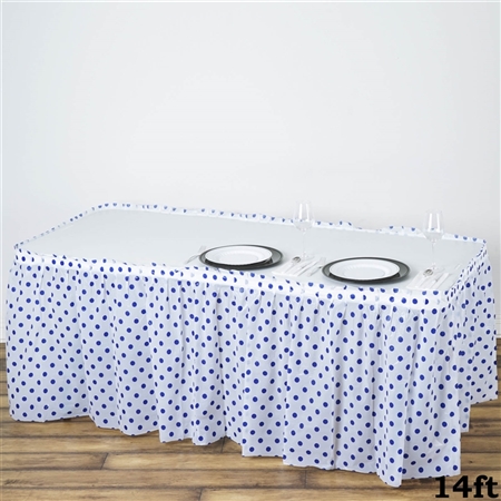 14FT Disposable Polka Dots Plastic Vinyl Picnic Birthday Wedding Party Home Table Skirt - White/Royal Blue