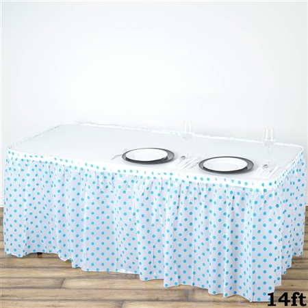 14FT Disposable Polka Dots Plastic Vinyl Picnic Birthday Wedding Party Home Table Skirt - White/Serenity Blue