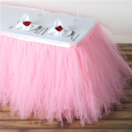 14ft Tantalizing 8 Layer Tulle Table Skirt - Rose Quartz Pink