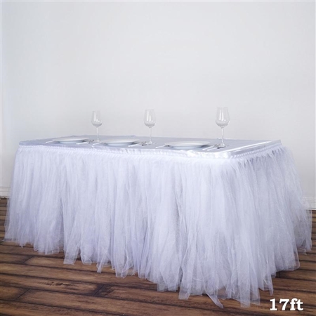 14FT White Two Layered Pleated Tulle Tutu Wedding Party Banquet Table Skirt with Satin Edge