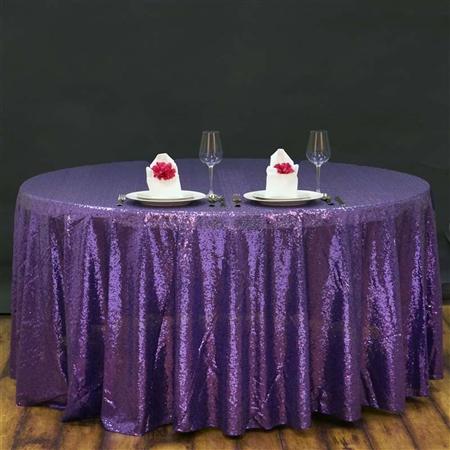 120" Round Grand Duchess Sequin Tablecloth - Purple