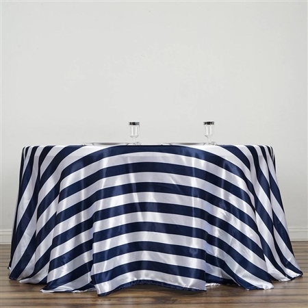 120" Stripe Satin Seamless Round Tablecloth - Navy & White
