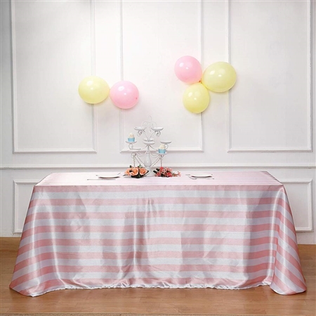 90"x132" Stripe Satin Seamless Rectangle Tablecloth - Blush/Rose Gold & White