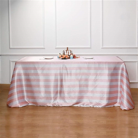 90"x156" Stripe Satin Seamless Rectangle Tablecloth - Blush/Rose Gold & White