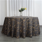 120" Charcoal Gray Round Polyester Tablecloth With Gold Foil Geometric Pattern