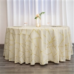 120" Beige Round Polyester Tablecloth With Gold Foil Geometric Pattern