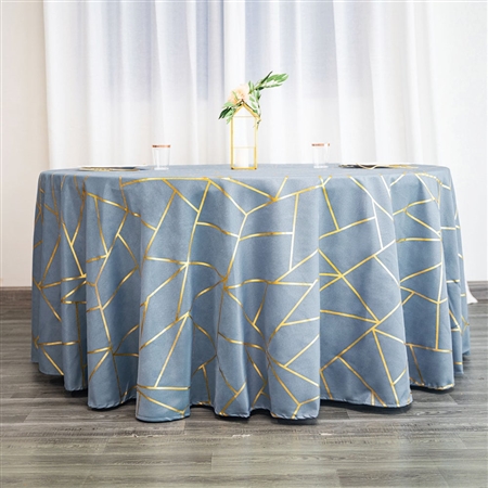 120" Dusty Blue Round Polyester Tablecloth With Gold Foil Geometric Pattern