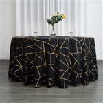 120" Black Round Polyester Tablecloth With Gold Foil Geometric Pattern