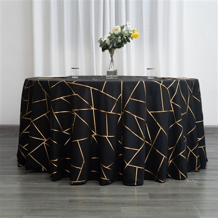 120" Black Round Polyester Tablecloth With Gold Foil Geometric Pattern