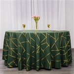 120" Hunter Emerald Green Round Polyester Tablecloth With Gold Foil Geometric Pattern