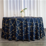 120" Navy Blue Round Polyester Tablecloth With Gold Foil Geometric Pattern