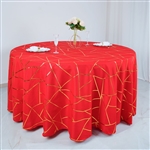 120" Red Round Polyester Tablecloth With Gold Foil Geometric Pattern