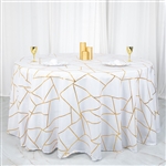 120" White Round Polyester Tablecloth With Gold Foil Geometric Pattern
