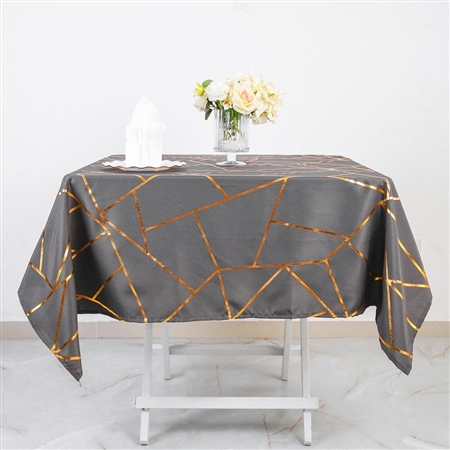 54" Charcoal Gray Polyester Square Tablecloth With Gold Foil Geometric Pattern