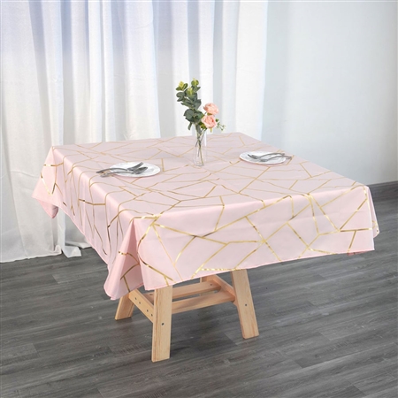 54" Blush/Rose Gold Polyester Square Tablecloth With Gold Foil Geometric Pattern