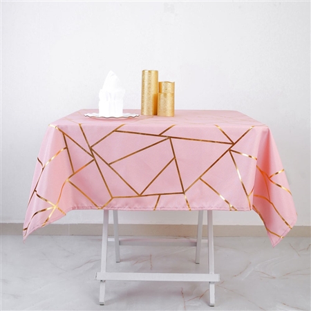 54" Dusty Rose Polyester Square Tablecloth With Gold Foil Geometric Pattern
