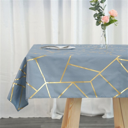 54" Dusty Blue Polyester Square Tablecloth With Gold Foil Geometric Pattern