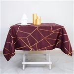54" Burgundy Polyester Square Tablecloth With Gold Foil Geometric Pattern