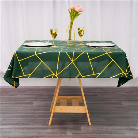 54" Hunter Emerald Green Polyester Square Tablecloth With Gold Foil Geometric Pattern