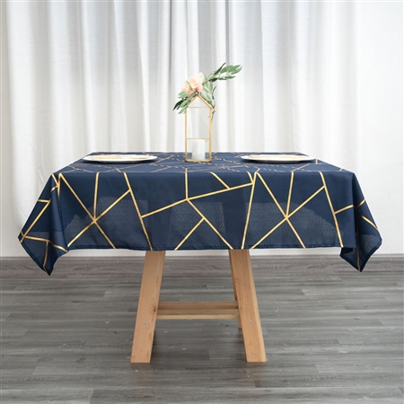 54" Navy Blue Polyester Square Tablecloth With Gold Foil Geometric Pattern