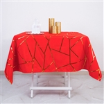 54" Red Polyester Square Tablecloth With Gold Foil Geometric Pattern