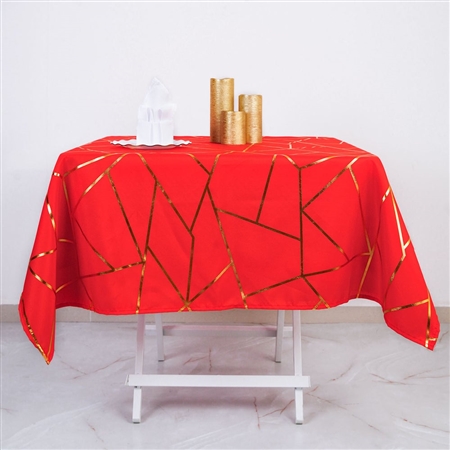 54" Red Polyester Square Tablecloth With Gold Foil Geometric Pattern
