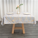 54" Silver Polyester Square Tablecloth With Gold Foil Geometric Pattern