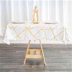 54" White Polyester Square Tablecloth With Gold Foil Geometric Pattern