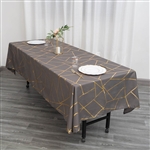 60"x102" Charcoal Gray Rectangle Polyester Tablecloth With Gold Foil Geometric Pattern