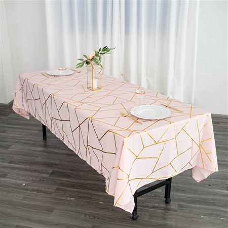 60"x102" Blush/Rose Gold Rectangle Polyester Tablecloth With Gold Foil Geometric Pattern