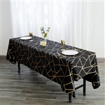 60"x102" Black Rectangle Polyester Tablecloth With Gold Foil Geometric Pattern