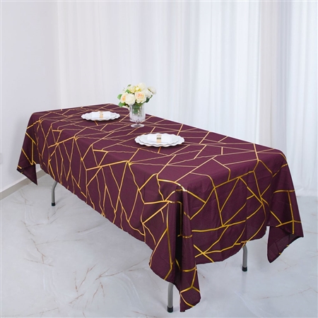 60"x102" Burgundy Rectangle Polyester Tablecloth With Gold Foil Geometric Pattern
